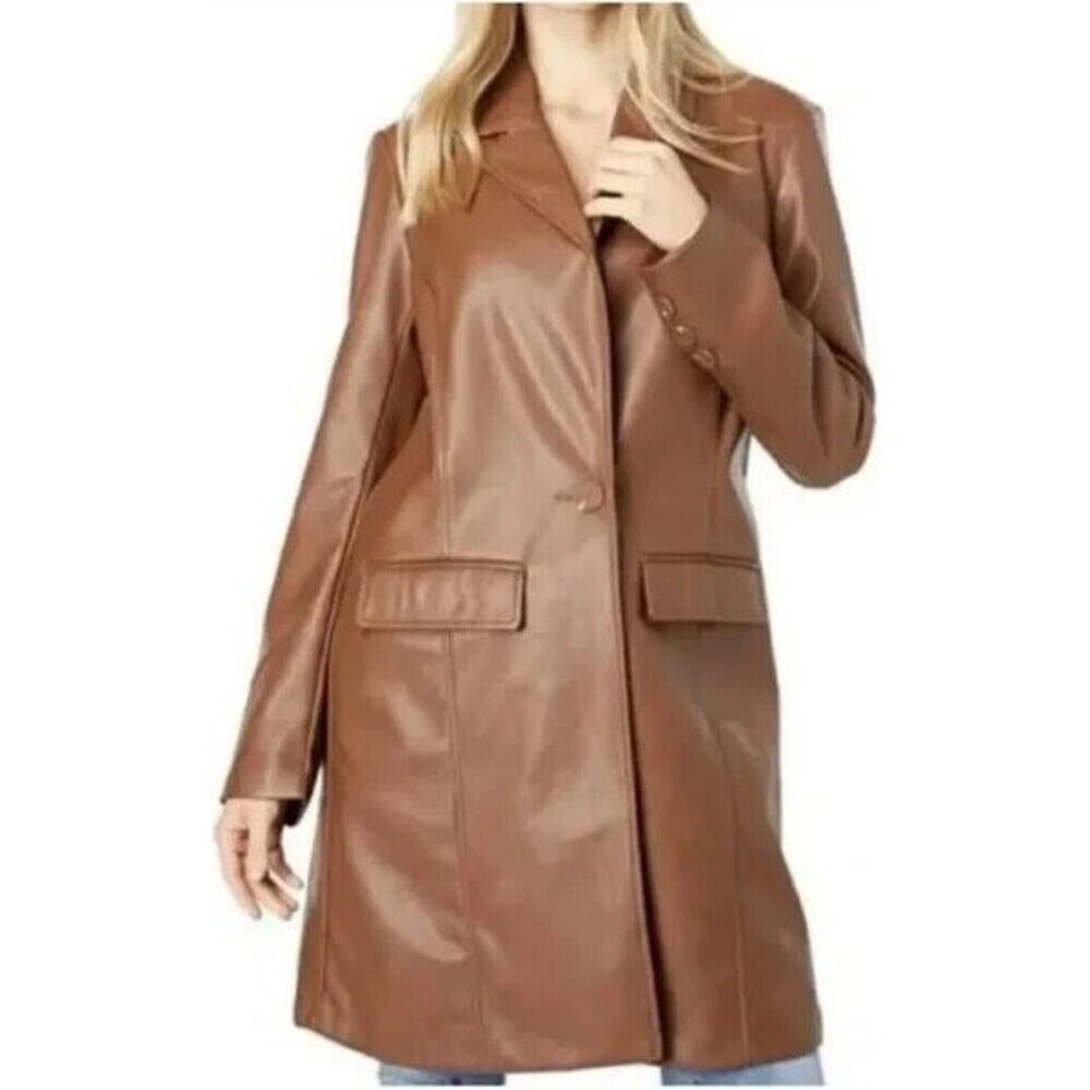 With The Girls By Avec Les Filles Brown Faux Leather Vegan Trench Coat Size M